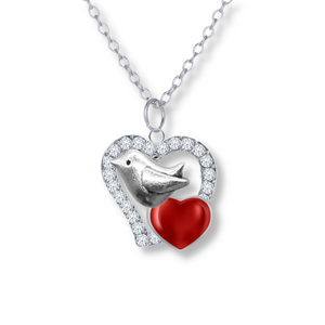 Robin on a crystal heart pendant, with a smaller red heart, hanging from a silver chain
