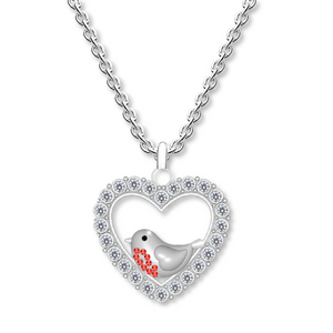 A Robin's Love Necklace. Silver heart shape with white crystals around the edge. Featuring a robin with 9 red crystals on its breast