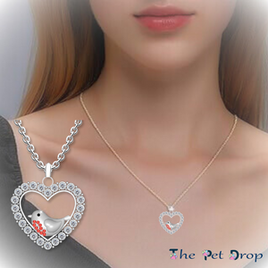 A Robin's Love Necklace. Silver heart shape with white crystals around the edge. Featuring a robin with 9 red crystals on its breast