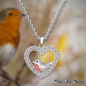 A Robin's Love Necklace. Silver heart shape with white crystals around the edge. Featuring a robin with 9 red crystals on its breast