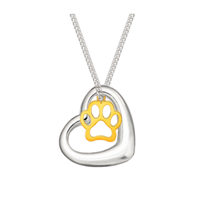 golden paw charm hanging on a silver slanted heart both hanging off a silver chain.