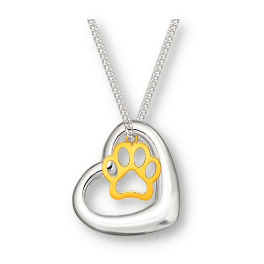 bigger crystal black cat and smaller crystal white cat in a crystal heart pendant hanging from a silver chain.