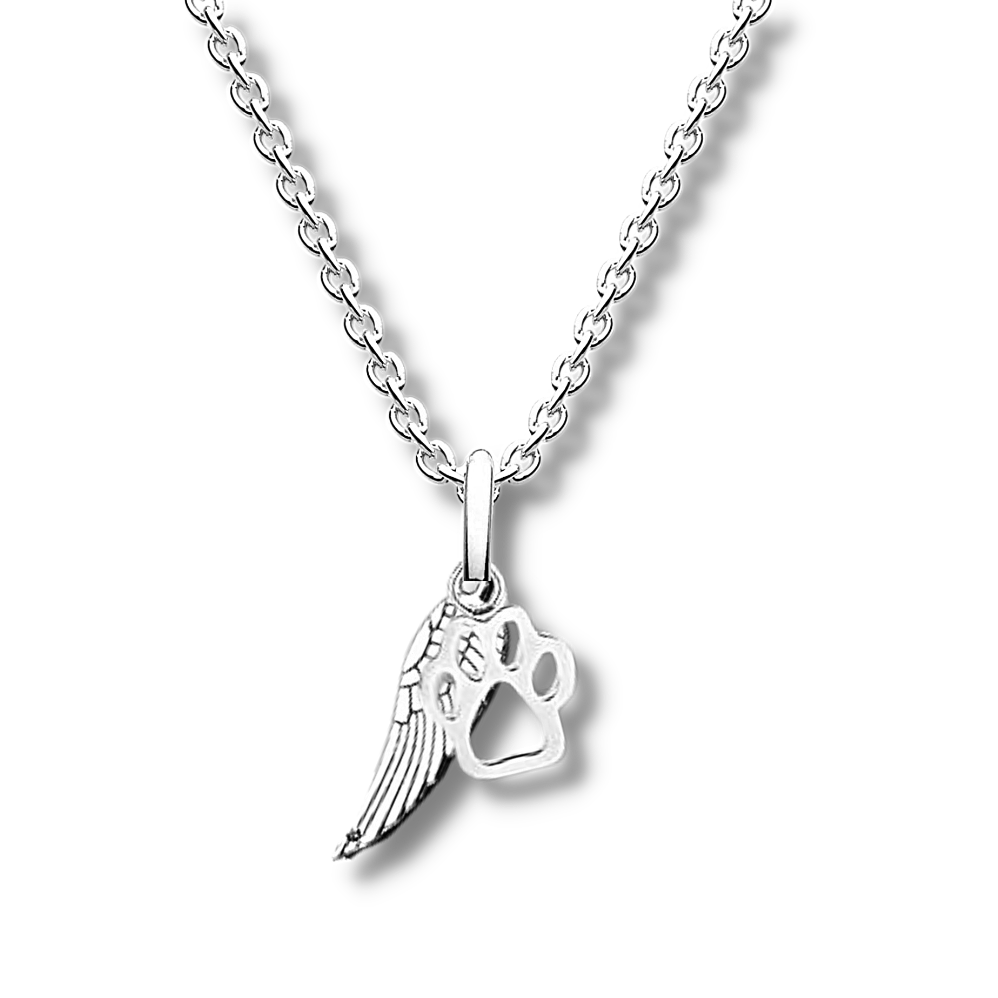 silver angel wing with a small silver paw print hanging from a silver chain.