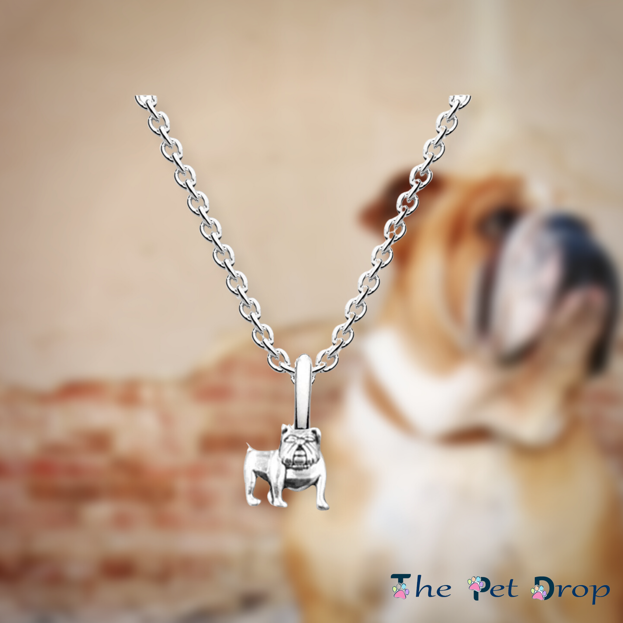 silver little bulldog necklace pendant hanging on a silver chain.
