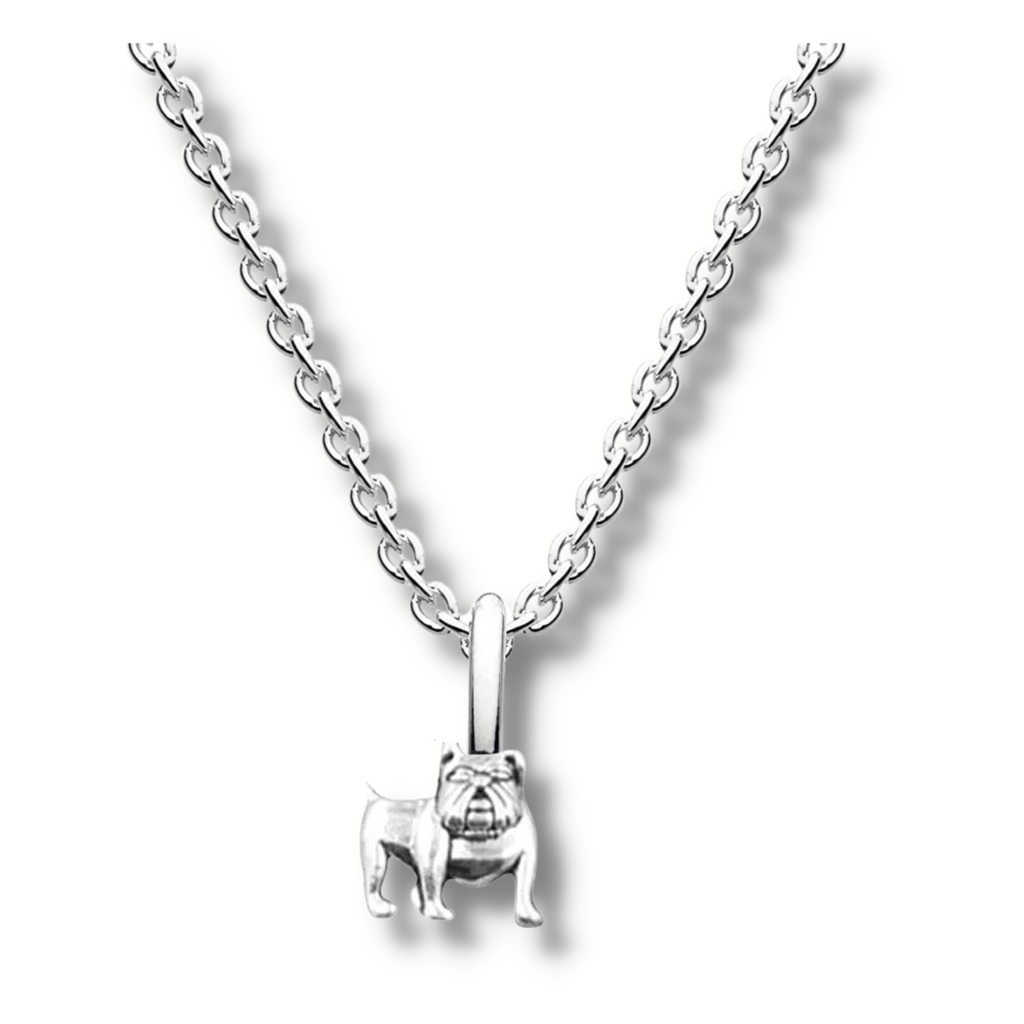 silver little bulldog necklace pendant hanging on a silver chain.