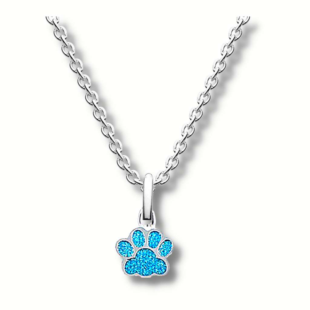 blue crystal paw print silver pendant hanging on a silver chain