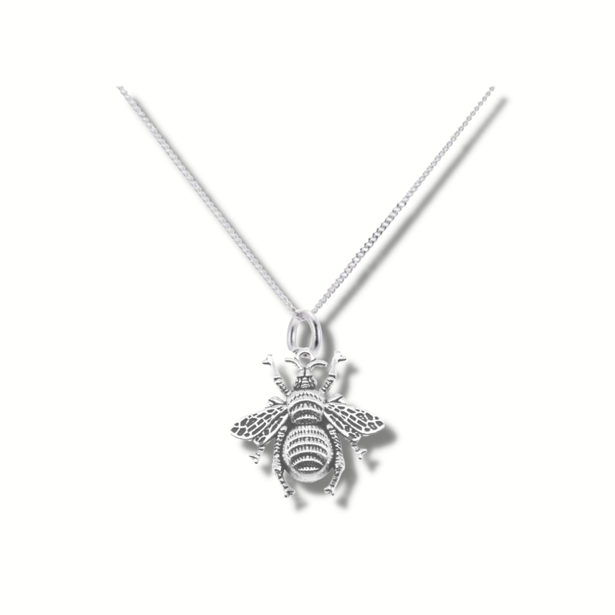 silver bumblebee pendant hanging on a silver chain