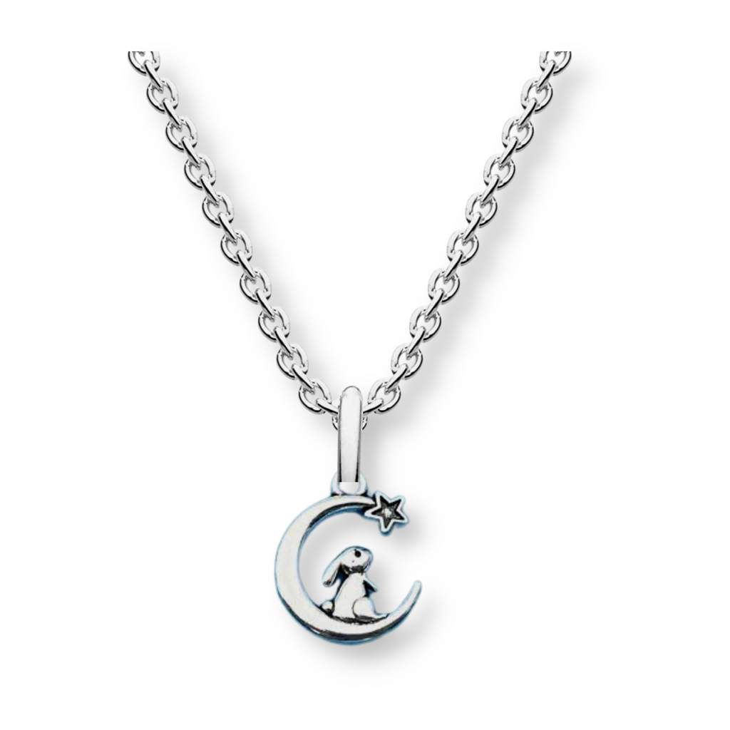 silver bunny rabbit sitting on the moon with a star on it. silver pendant hanging on a silver chain.