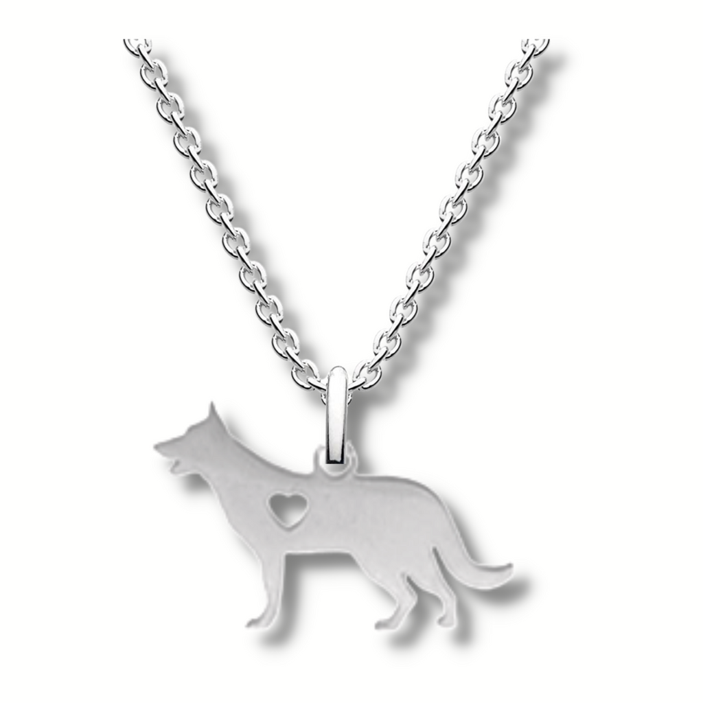 silver standing collie dog pendant with a heart shaped hole in the centre of it hanging from a silver chain.
