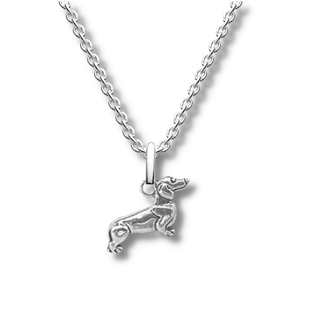 cute silver 3d dachshund pendant hanging on a silver chain.