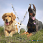 2d silver doberman silver necklace pendant with a heart shaped hole in its chest, hanging on a silver chain.