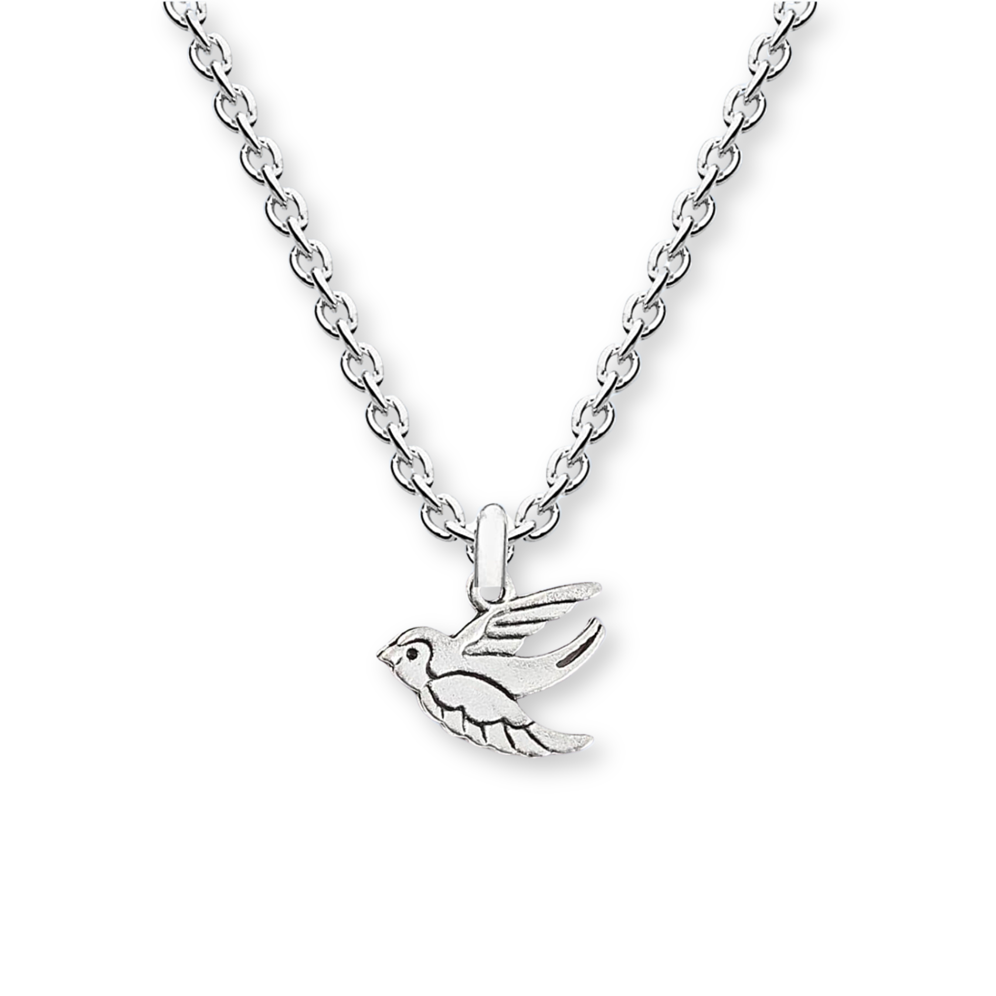 silver flying robin necklace pendant hanging on a silver chain