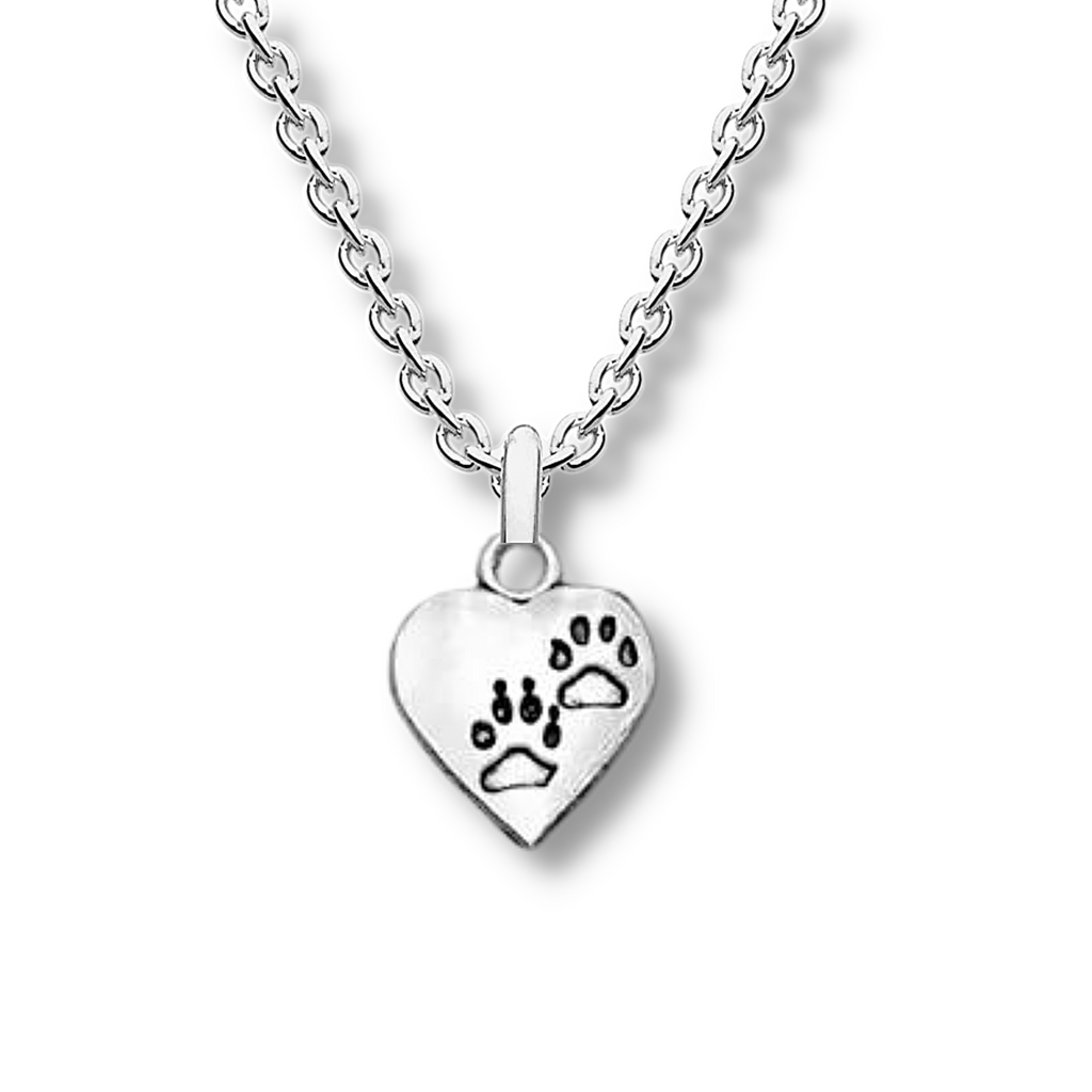 silver heart with two identical black outlined paw prints one above the other on a silver pendant hanging on a silver chain.