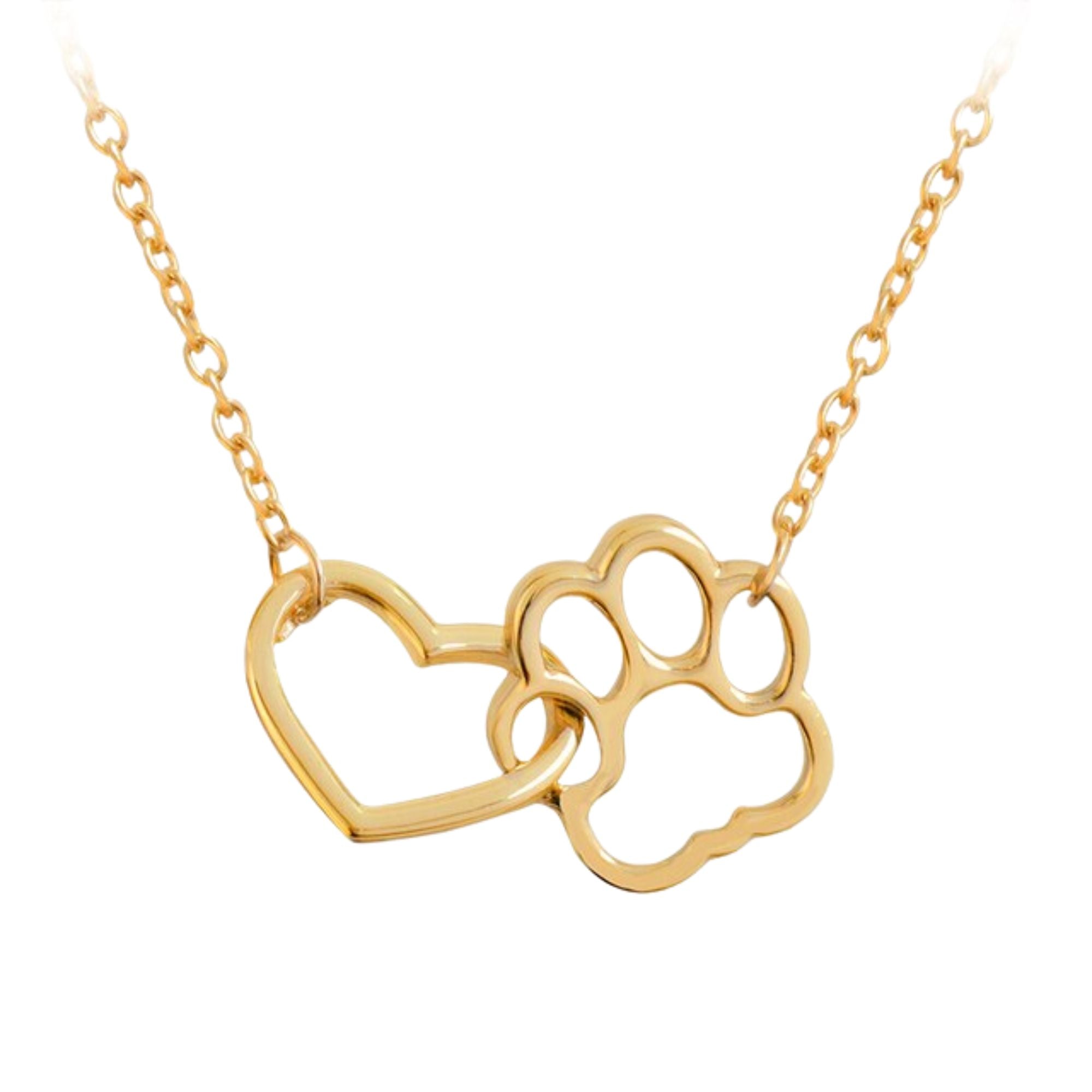 golden paw print shape attached to a  golden heart shape attached to a golden chain on either side