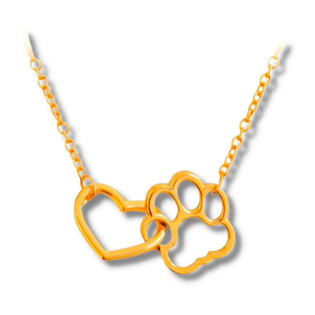 golden paw print shape attached to a  golden heart shape attached to a golden chain on either side