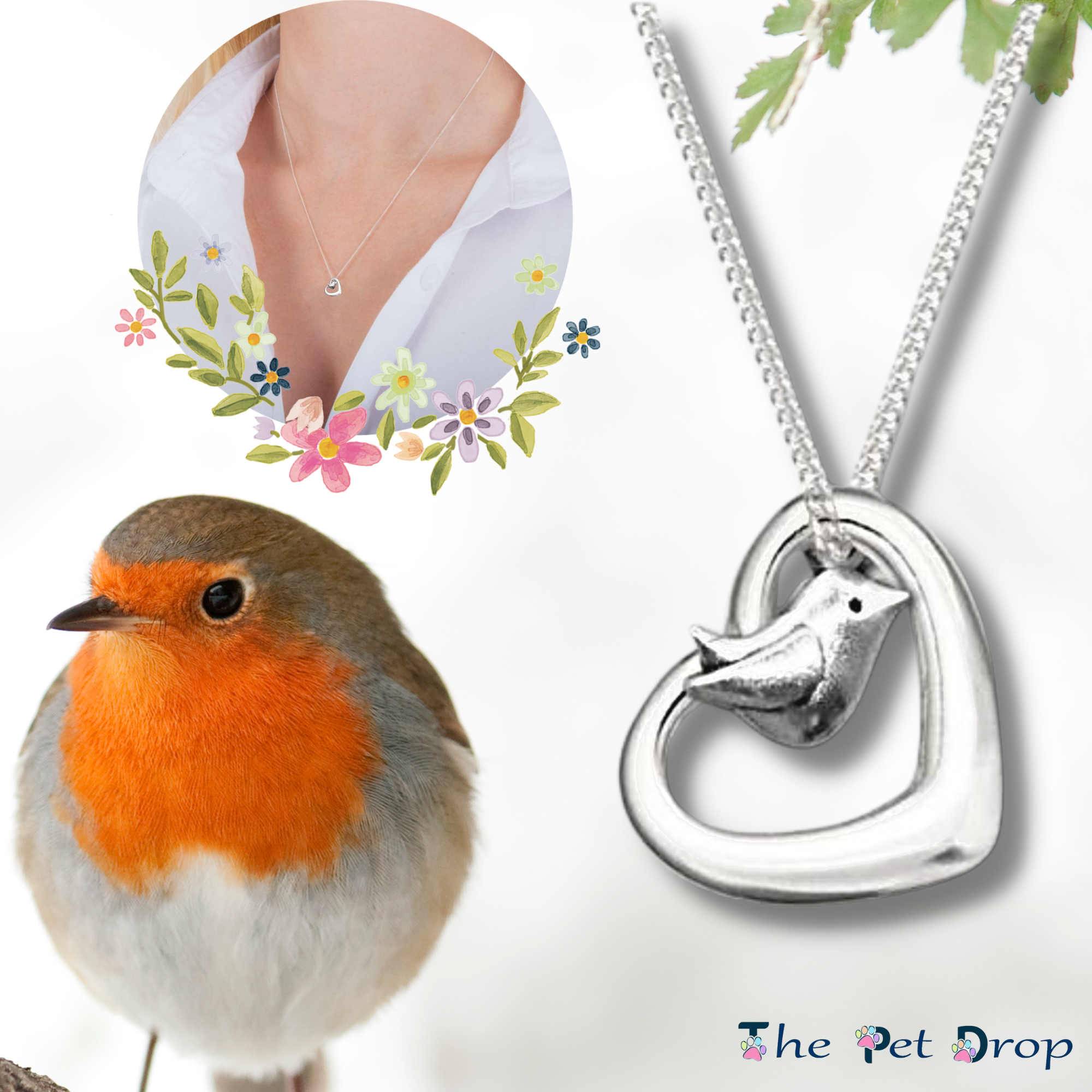 Robin necklace on a lady and a picture of a robin