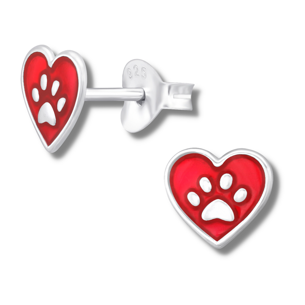 Sterling Silver Red Heart & Paw Print Earrings