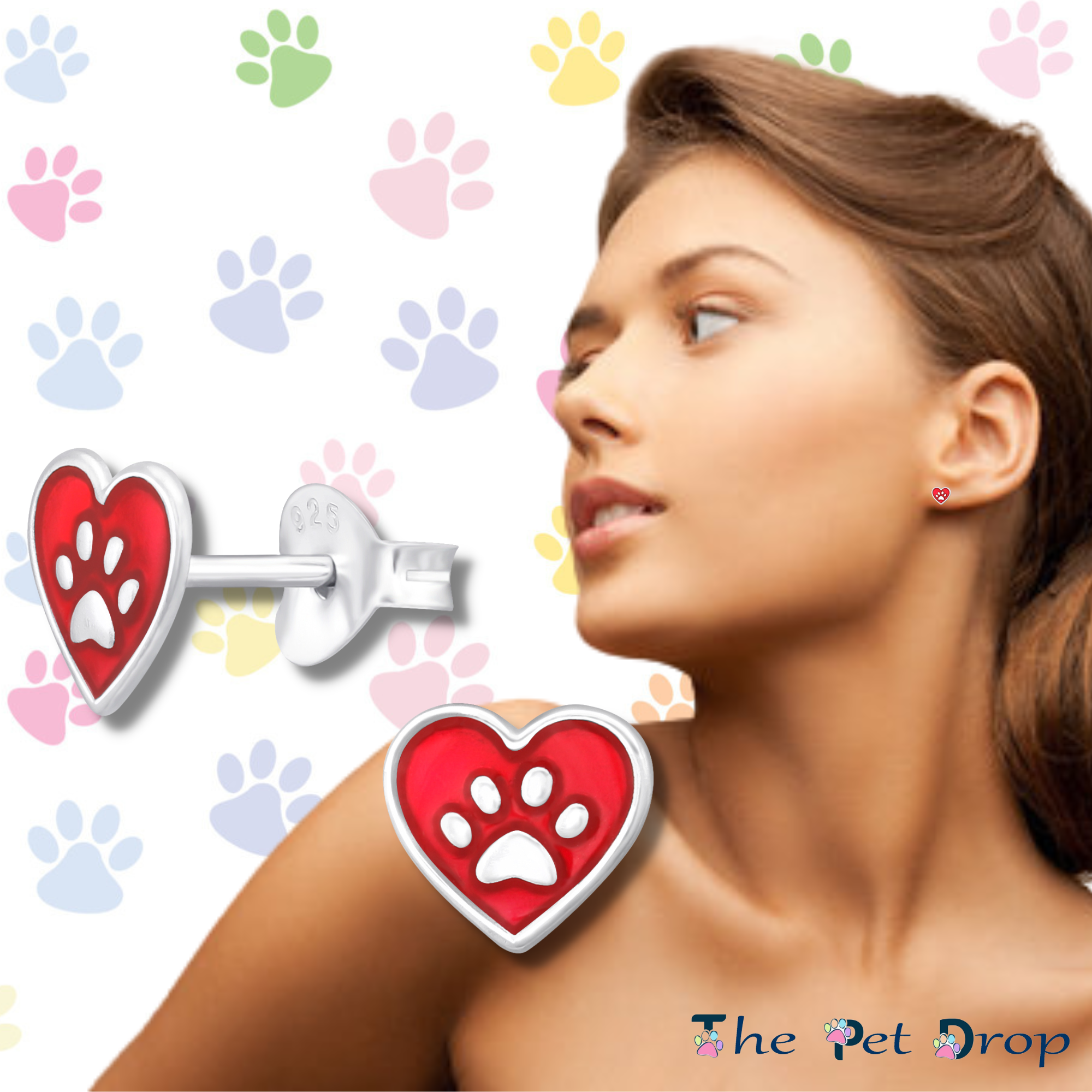 Sterling Silver Red Heart & Paw Print Earrings