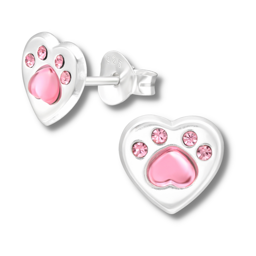 Sterling Silver Pink Paw & Heart Earrings