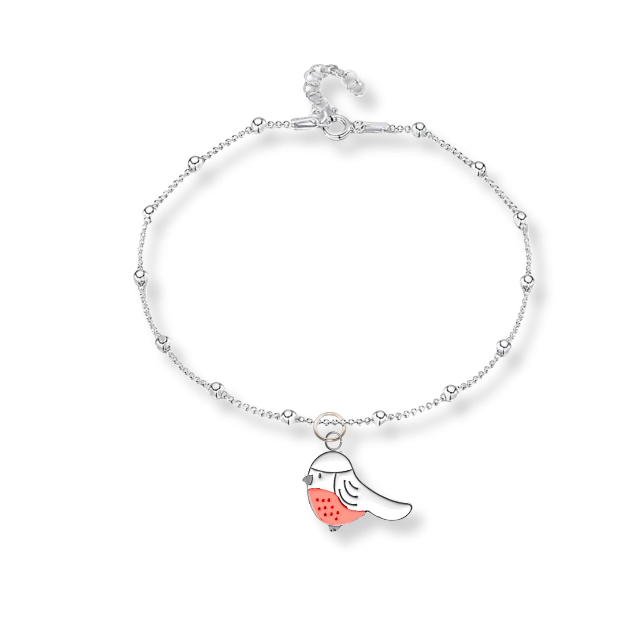 White back ground with a silver chain anklet on. The anklet has balls going around it and a lovely white and red robin hanging off the front. There is a little extension chain at the back of the anklet. 