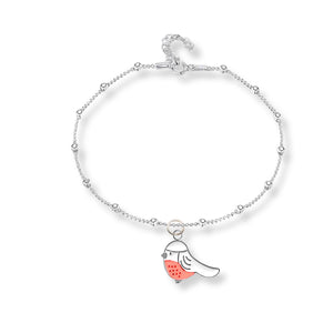 White back ground with a silver chain anklet on. The anklet has balls going around it and a lovely white and red robin hanging off the front. There is a little extension chain at the back of the anklet. 