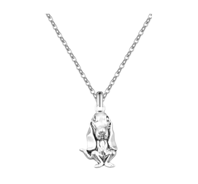 silver sitting basset hound hanging off a silver chain