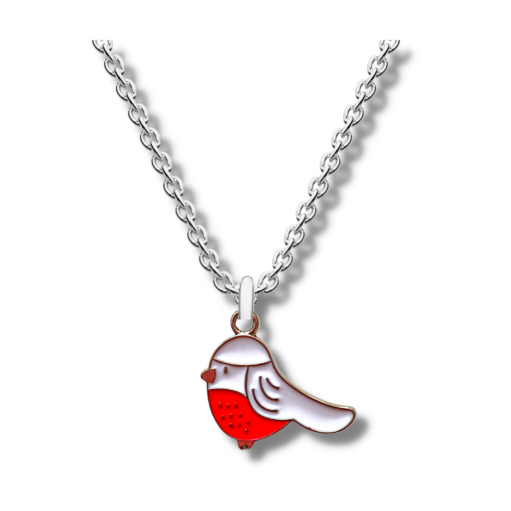 red breasted white robin on a gold pendant and hanging on a silver chain.