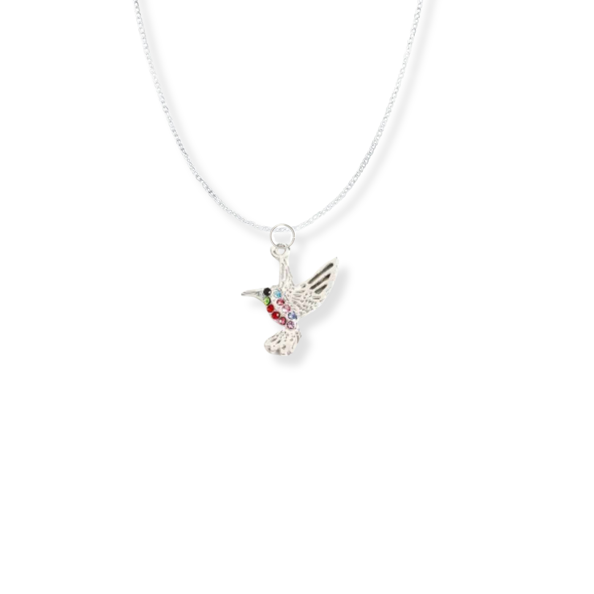 silver bird pendant with different coloured crystals hanging on a silver chain.