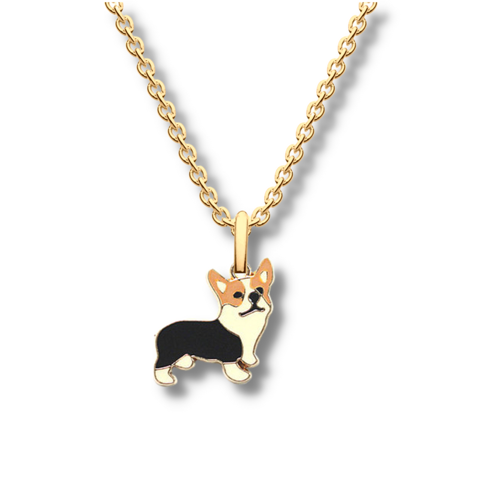 brown, black and white corgi pendant hanging on a gold chain with a gold outlined around the corgi pendant.