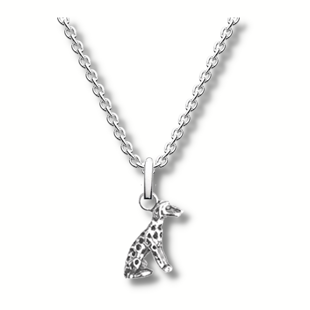 sitting silver Dalmatian pendant hanging on a silver chain   
