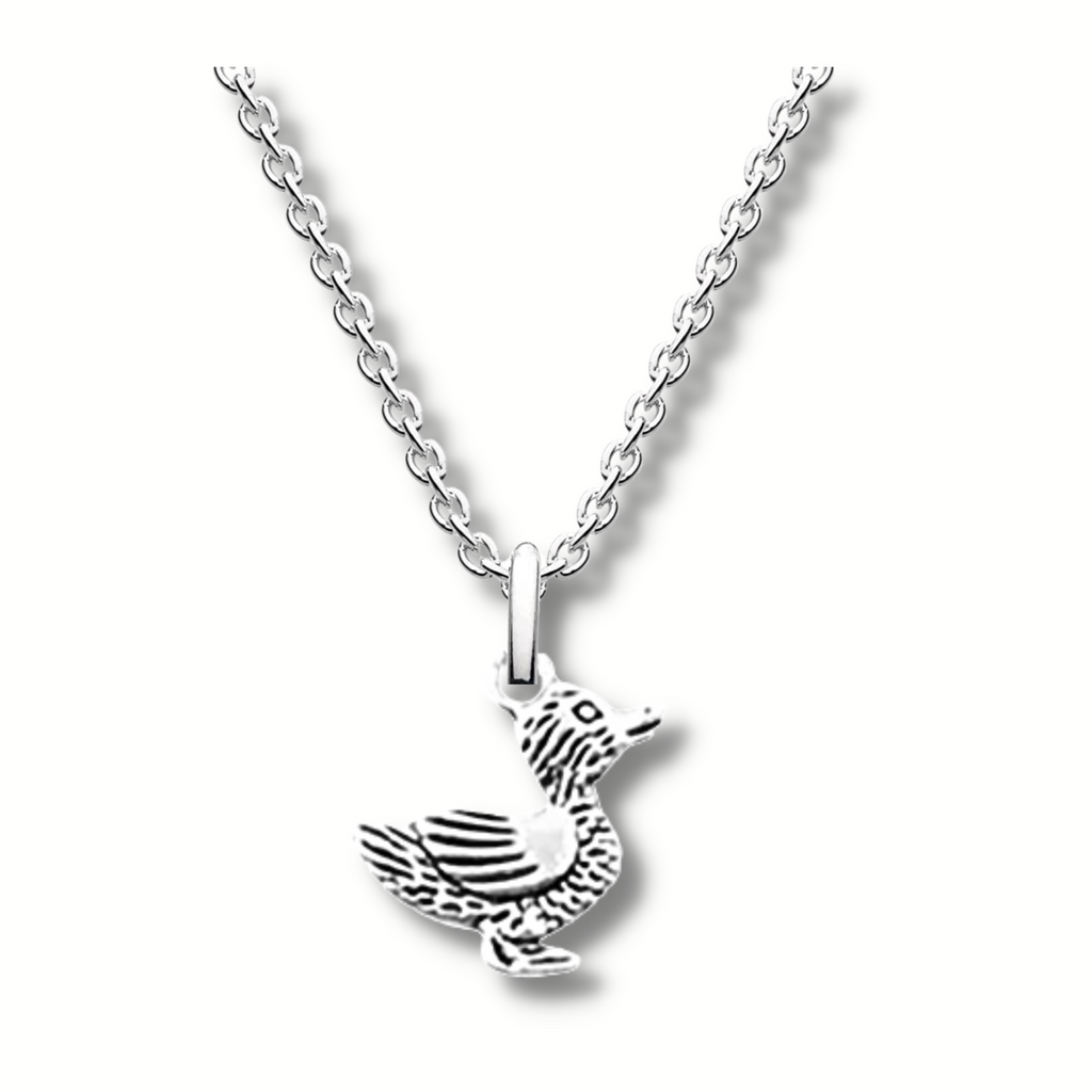 cute silver detailed duck necklace pendant hanging on a silver chain