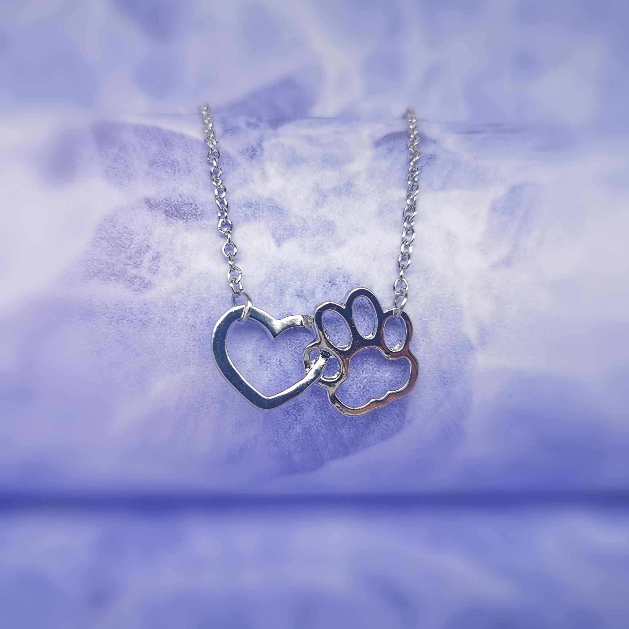 silver heart shape attached to a paw print shape hanging from a silver chain on each side