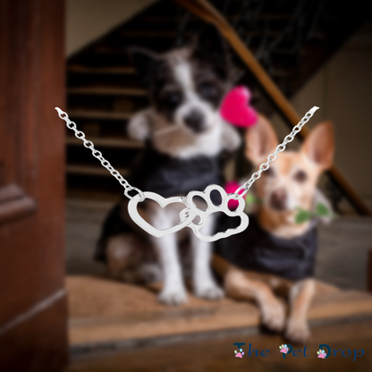 silver heart shape attached to a paw print shape hanging from a silver chain on each side