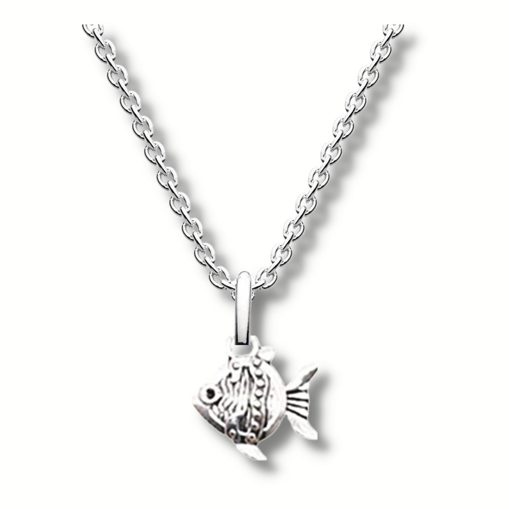 3d silver fish pendant hanging off a silver chain