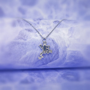 cute climbing frog silver pendant hanging on a silver chain.