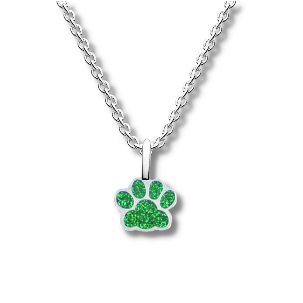 silver paw print pendant with green sparkle paw pads hanging on a silver chain