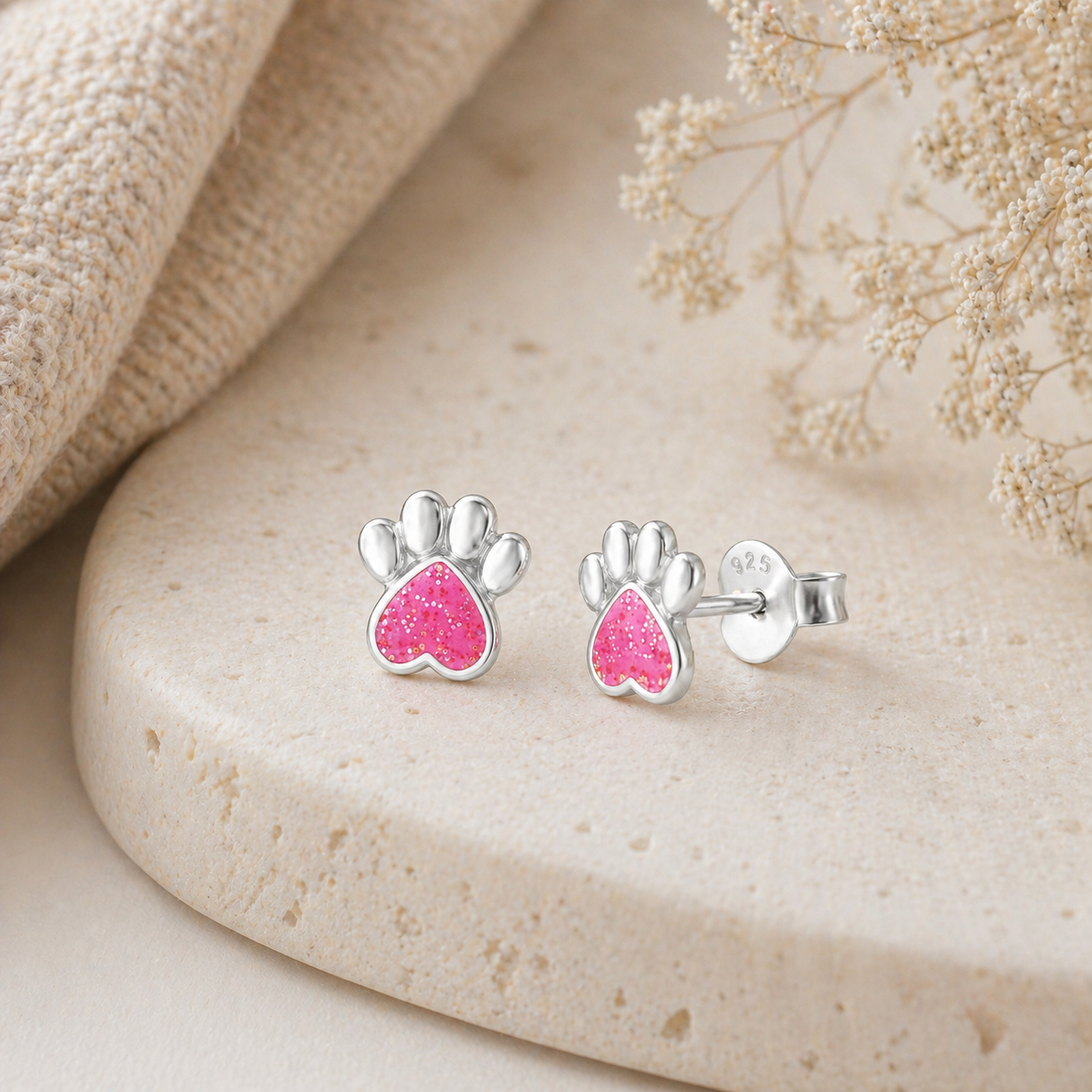 Sterling Silver Pink Glitter Paws Earrings - The Pet Drop