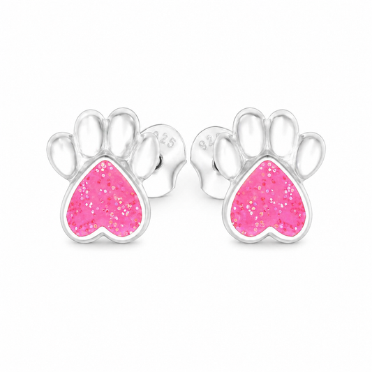 Sterling Silver Pink Glitter Paws Earrings - The Pet Drop