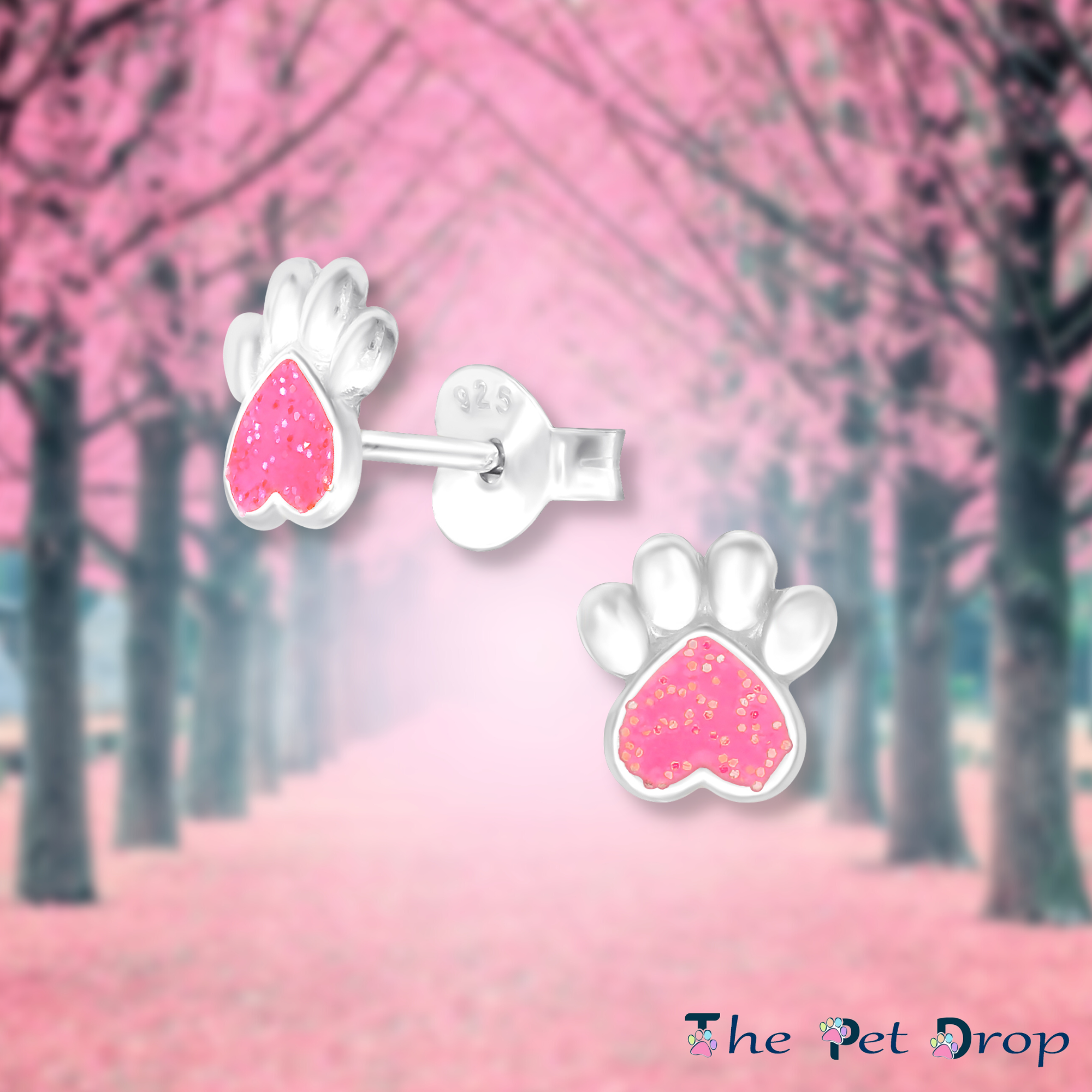 Sterling Silver Pink Glitter Paws Earrings