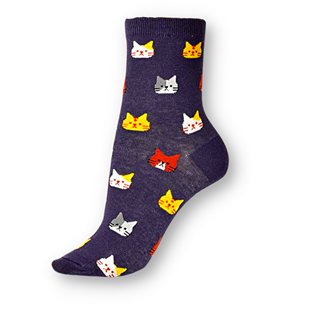 Cat Faces Navy Ladies Socks (Size 3-7)